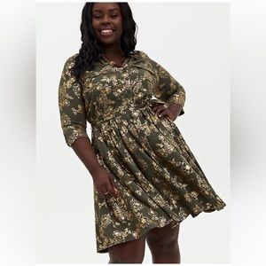 Green and Gold Mini Challis Shirt Dress